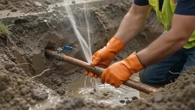 Gloved hands holding a copper pipe in a dug hole while water sprays from it.