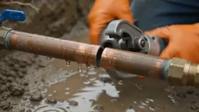 Orange-gloved hands using a pipe cutter on a copper line while water drips into mud below.