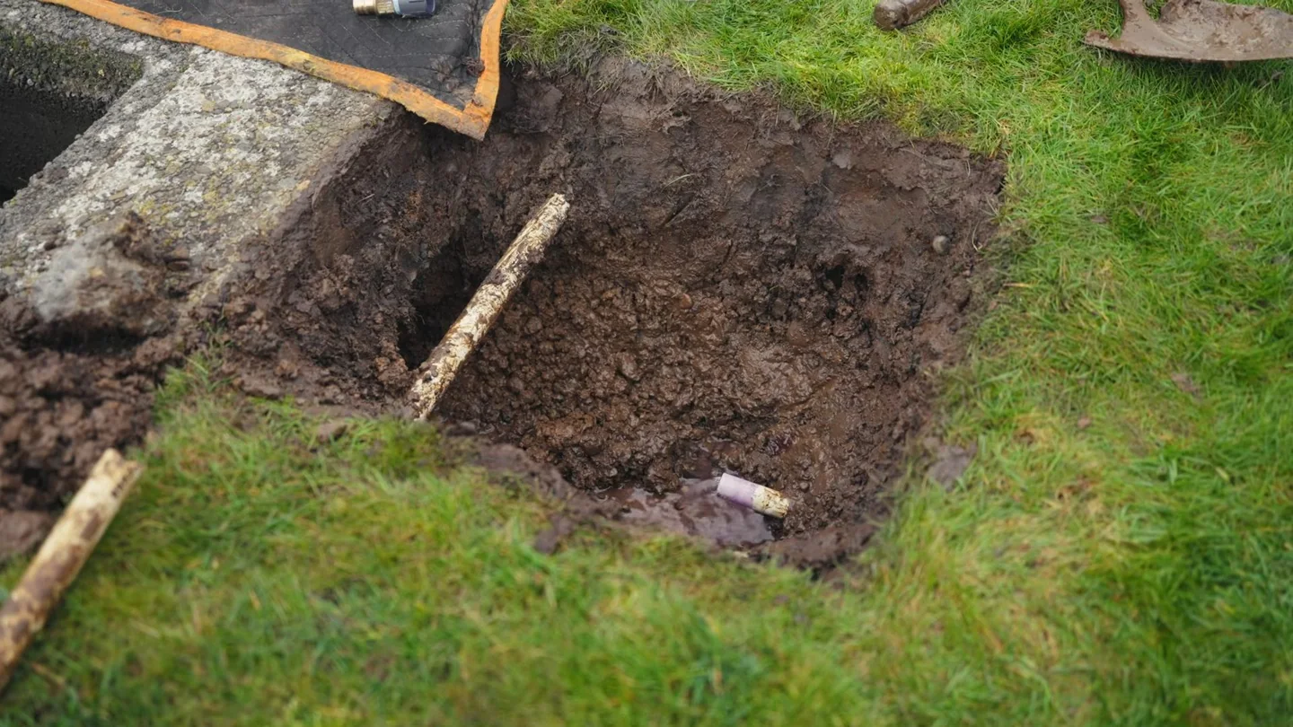 Rectangle of dug earth in a lawn with a piece of old paving at its edge.