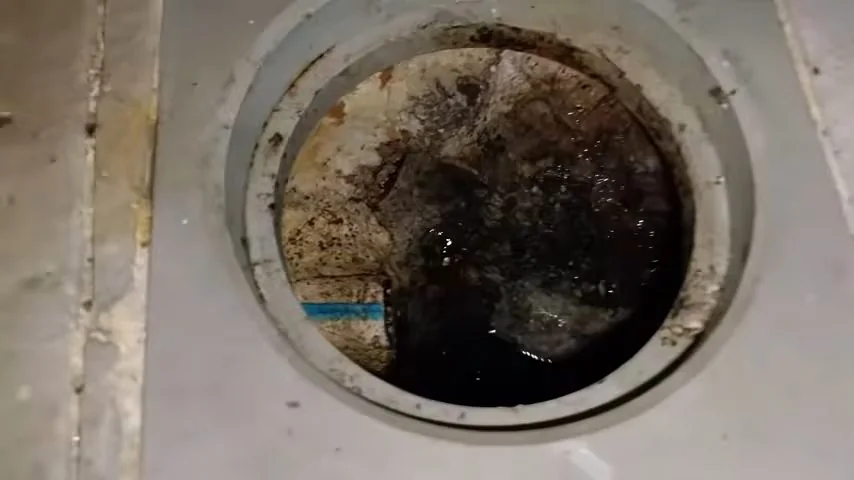 Round floor drain in a concrete floor with dark debris and standing water inside.