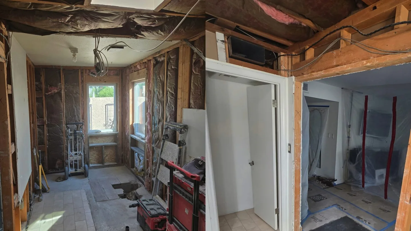 Rooms stripped to the studs after water damage, with windows, framing and drying equipment visible.