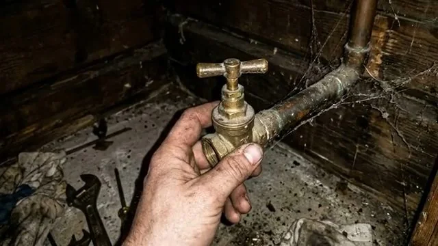 Hand gripping a brass shutoff valve on a line in a dark, cobwebbed crawl space.