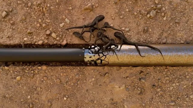 Fine tree roots entering the joint of a buried pipe, with cutter marks on the pipe end.